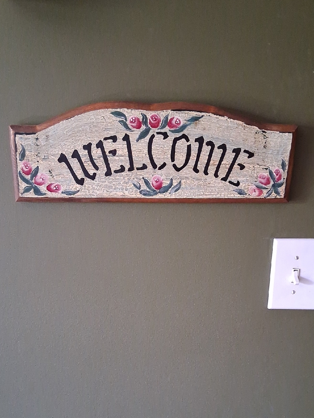 Rustic 'Welcome' Painted Wall Plaque - Olive Green, Cream, Pink Floral